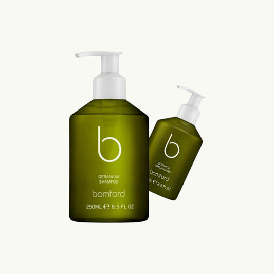 Bamford organic geranium shampoo and conditioner duo in green pump bottles for all hair types