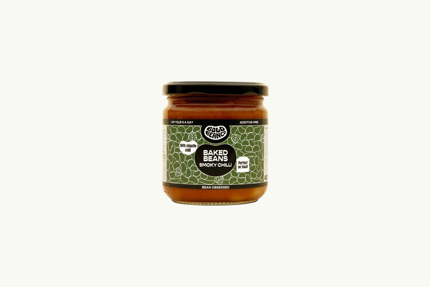 Bold Bean Co Smoky Chilli Baked Beans in a 325g glass jar with a green label featuring chipotle chilli and tomato sauce