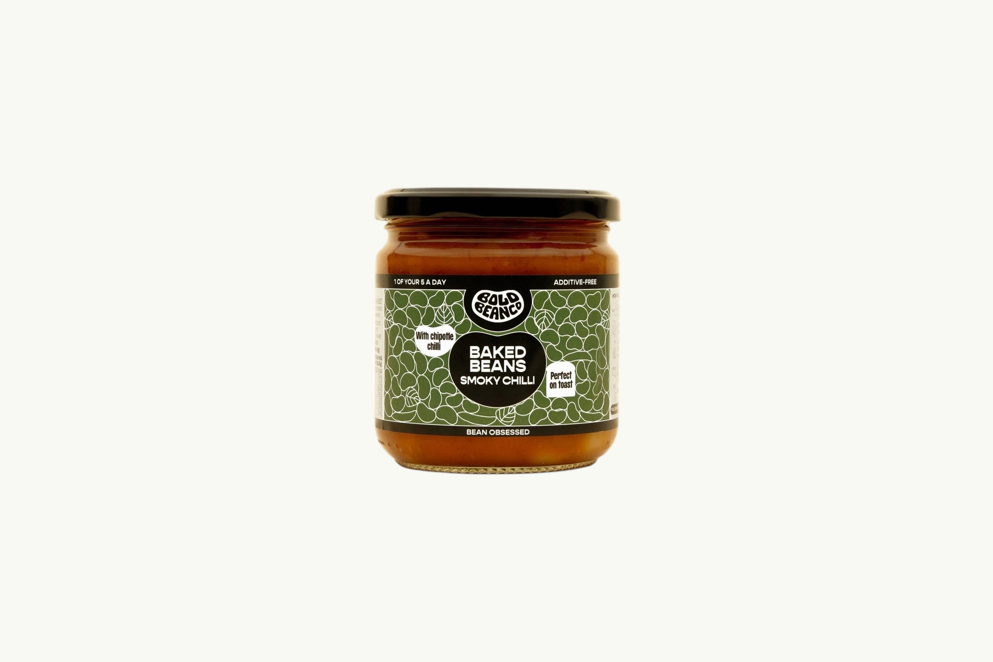 Bold Bean Co Smoky Chilli Baked Beans in a 325g glass jar with a green label featuring chipotle chilli and tomato sauce