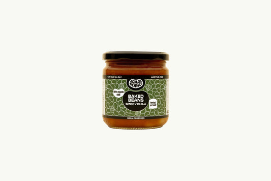 BRiMM Smoky Chilli Baked Beans in a 325g glass jar with a green label featuring chipotle chilli and tomato sauce