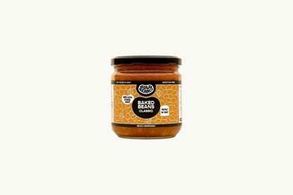 Bold Bean Co Classic Baked Beans in a 325g glass jar with a label featuring orange bean illustrations and bold typography.