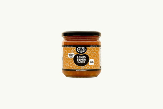 Bold Bean Co Classic Baked Beans in a 325g glass jar with a label featuring orange bean illustrations and bold typography.