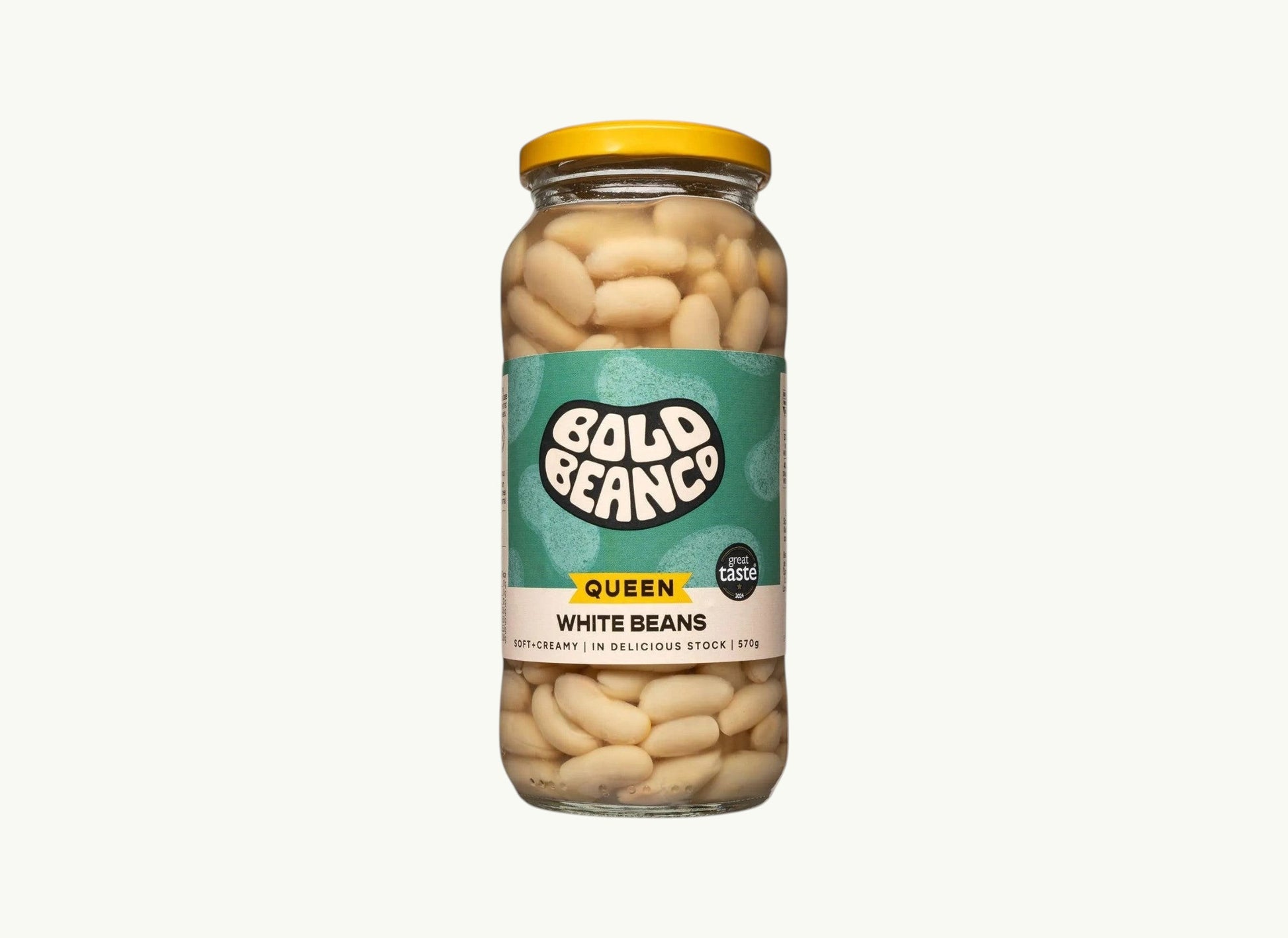 Bold Bean Co Queen white beans in a 570g glass jar with a yellow lid and green label