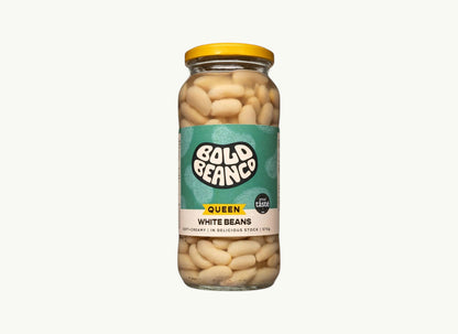 Bold Bean Co Queen white beans in a 570g glass jar with a yellow lid and green label