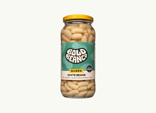 BRiMM Bold Bean Co Queen white beans in a 570g glass jar with a yellow lid and green label