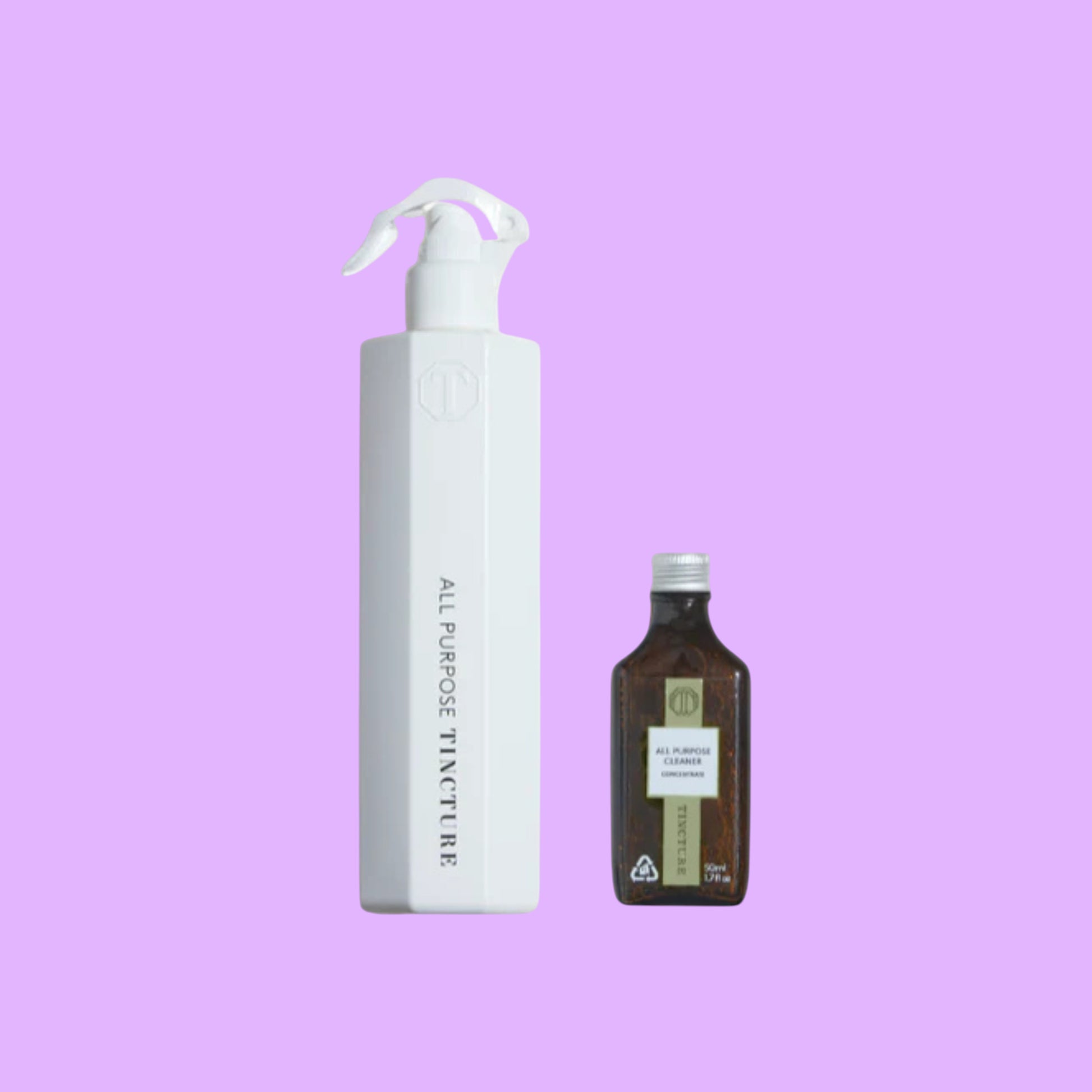 Tincture London all purpose cleaner starter kit with a white reusable spray bottle and concentrated refill, shown from a different angle.