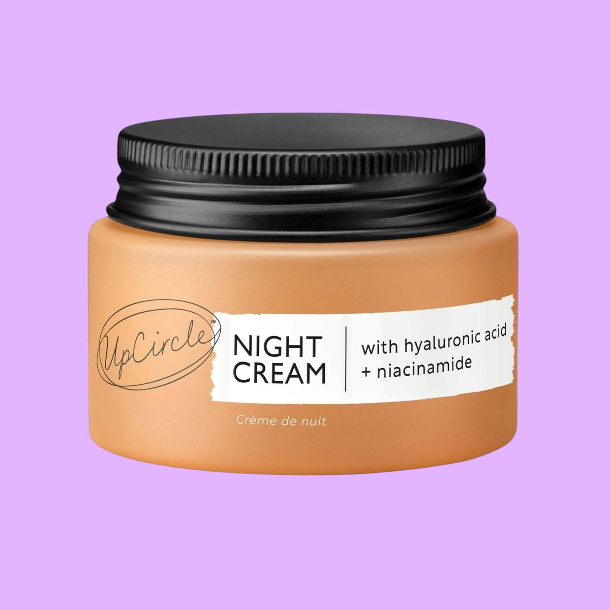 UpCircle anti-ageing night cream in a 55ml jar with hyaluronic acid, niacinamide, and rosehip oil for supple skin.