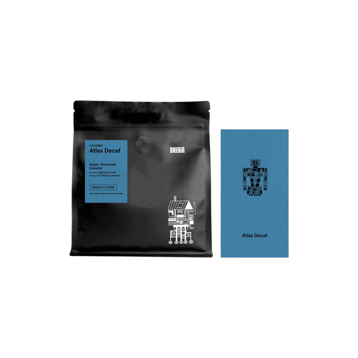 Origin Coffee Atlas Decaf coffee bag in black with a blue information card featuring a robot graphic on a white background.