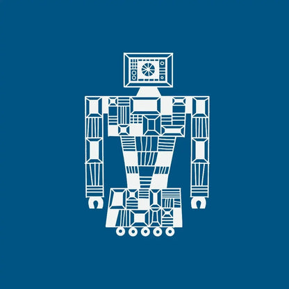 Origin Coffee Atlas Decaf coffee bag featuring a white geometric robot illustration on a solid blue background.