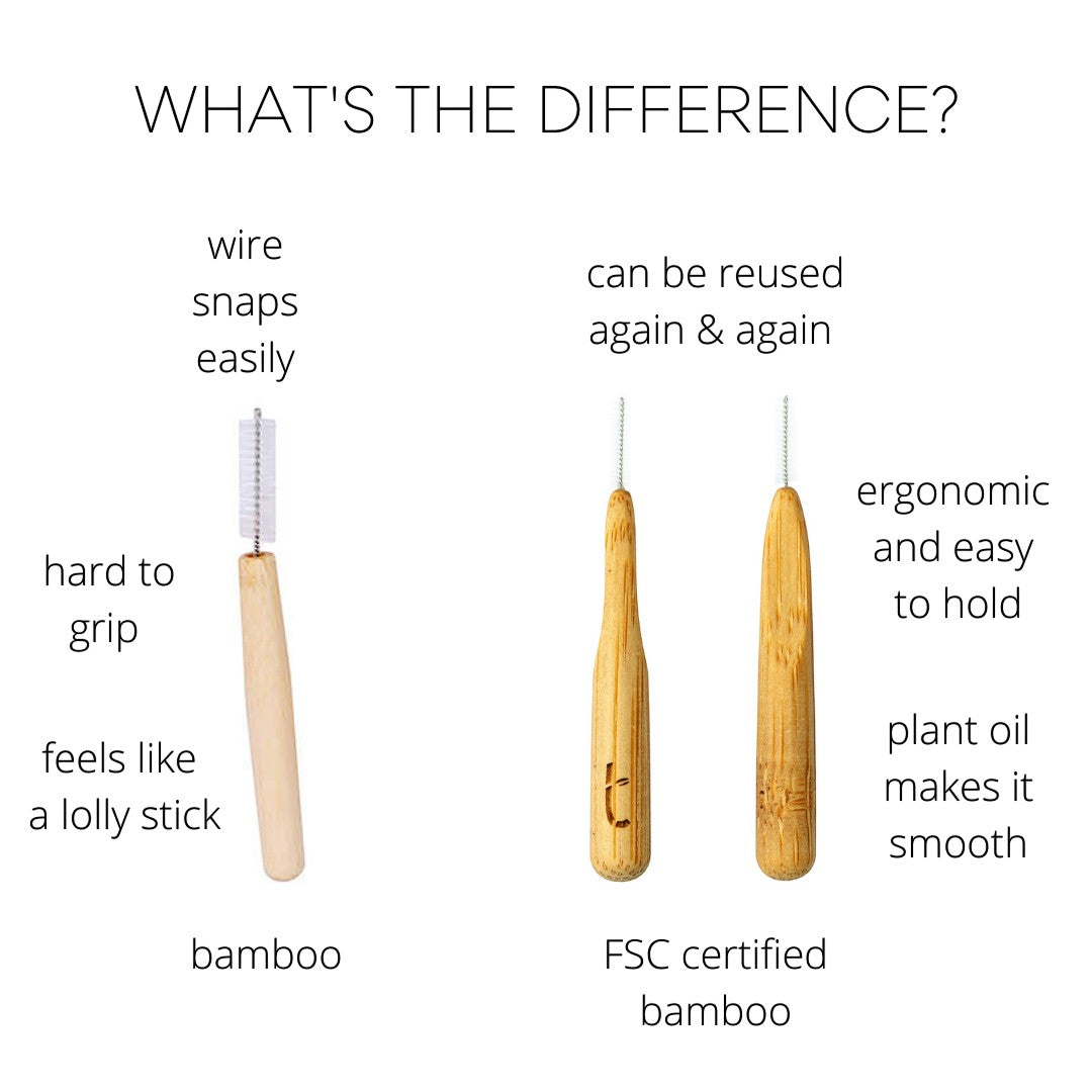 Truthbrush interdental brushes comparison showing standard bamboo versus ergonomic FSC-certified bamboo handles.