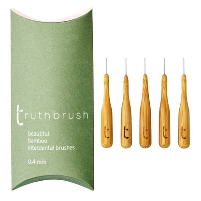 Truthbrush 0.4mm interdental brushes with sustainable FSC-certified bamboo handles and nylon bristles in a pack.