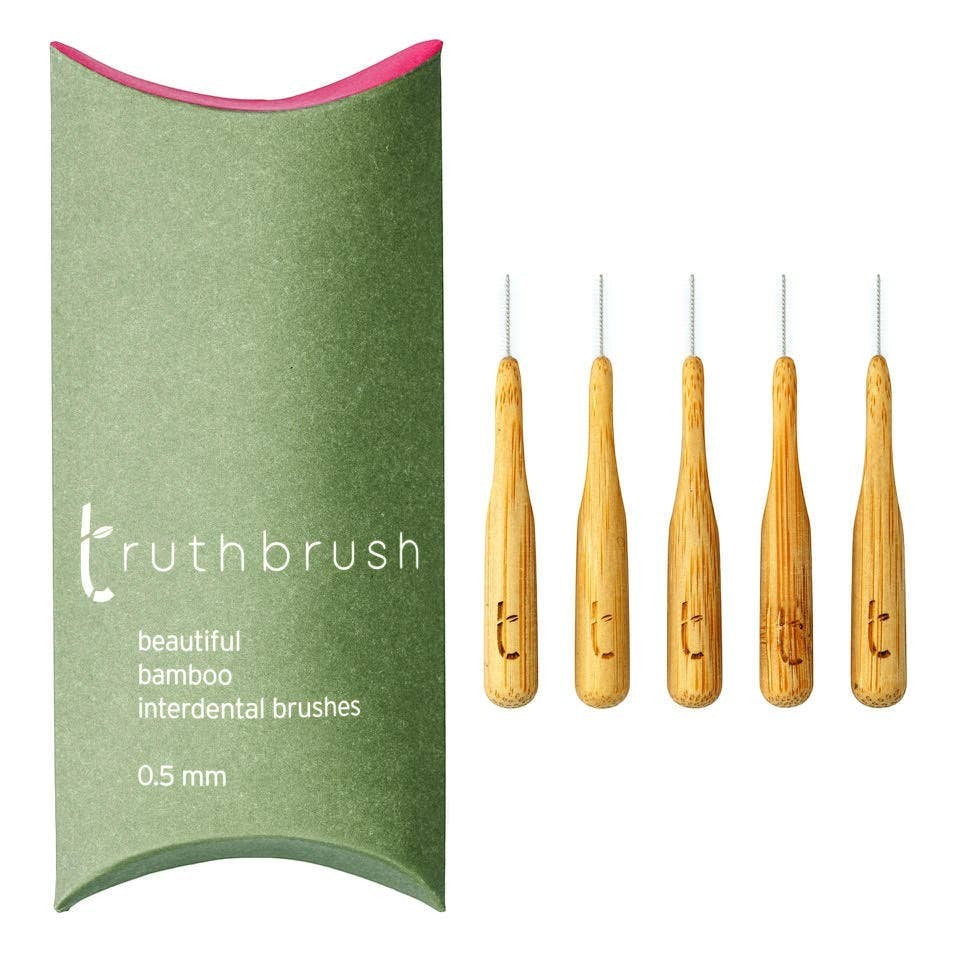 Truthbrush 0.5mm interdental brushes with sustainable bamboo handles and nylon bristles in green packaging