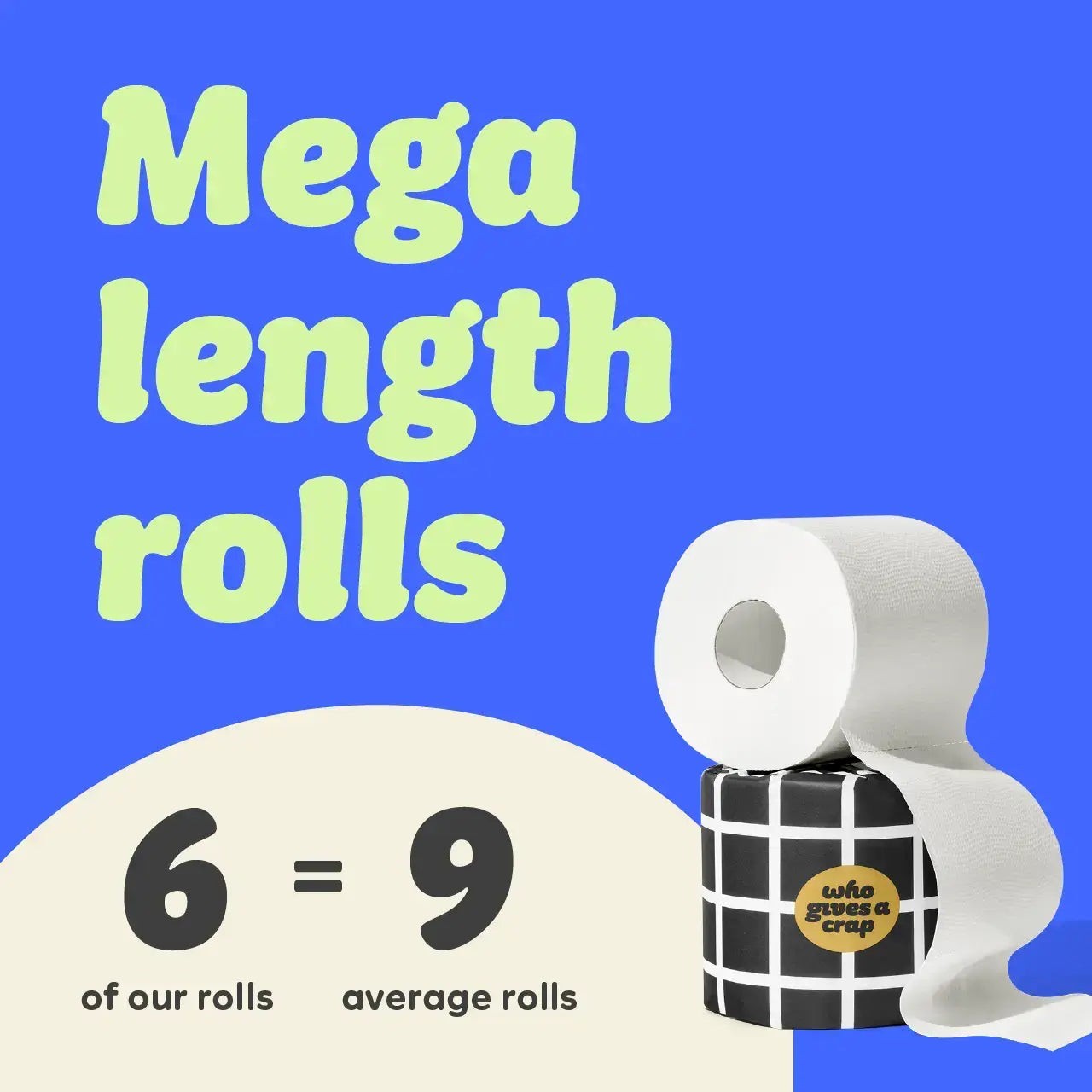 Who Gives A Crap extra soft 3-ply bamboo toilet tissue rolls in black and white illustrated paper packaging on blue background