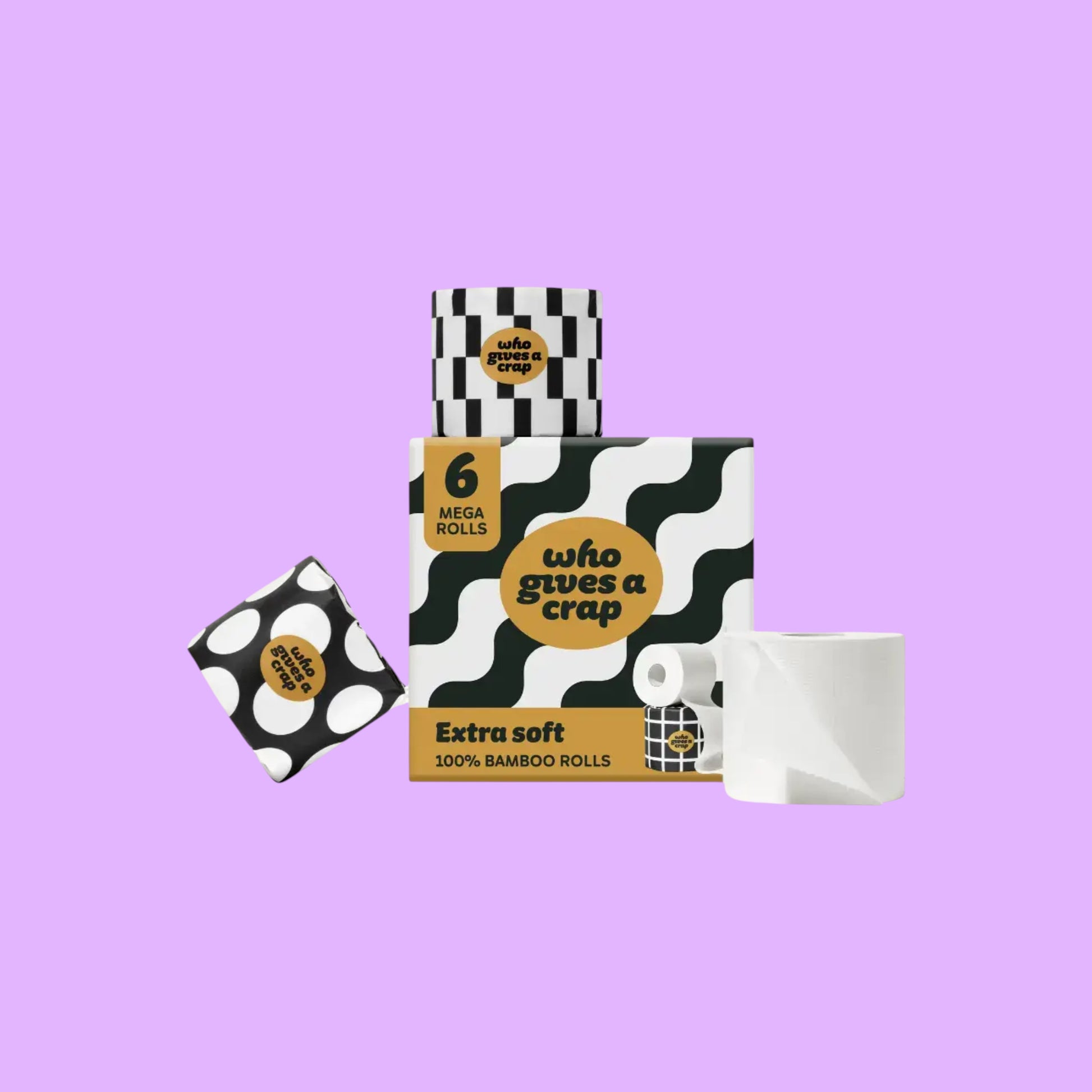 Who Gives A Crap extra soft 3-ply bamboo toilet tissue rolls in plastic-free illustrated paper packaging