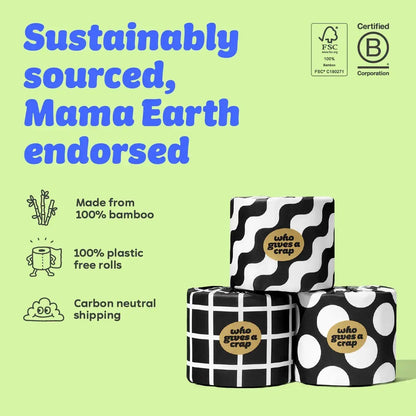 Who Gives A Crap extra soft 3-ply bamboo toilet tissue rolls in black and white patterned plastic-free paper packaging