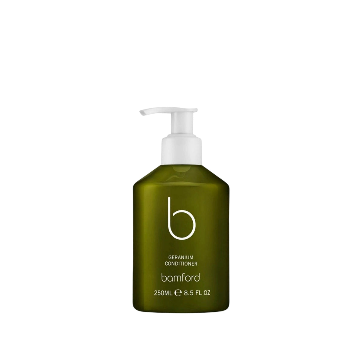 Bamford geranium conditioner in a green 250ml pump bottle for soft, glossy hair.