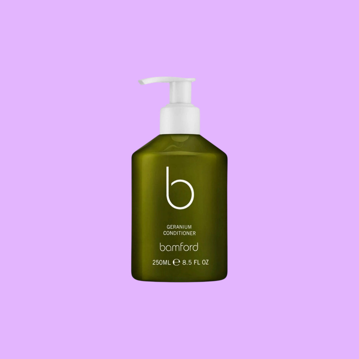 Bamford Geranium Conditioner in a dark green 250ml pump bottle for all hair types.