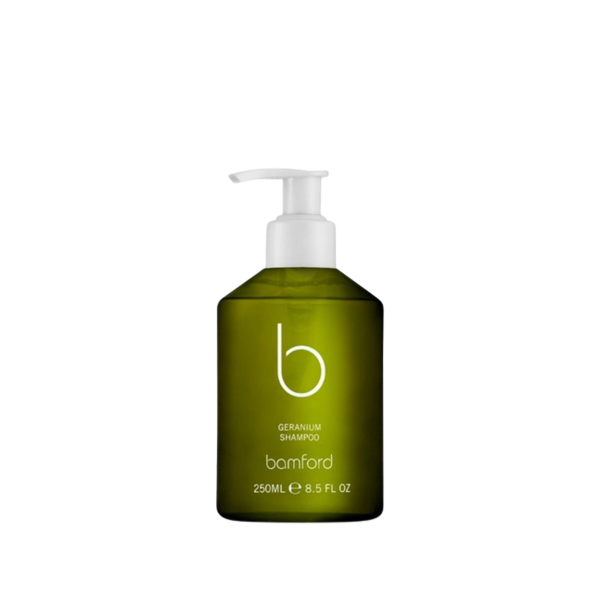 Bamford geranium shampoo in a green 250ml bottle with a white pump dispenser for all hair types