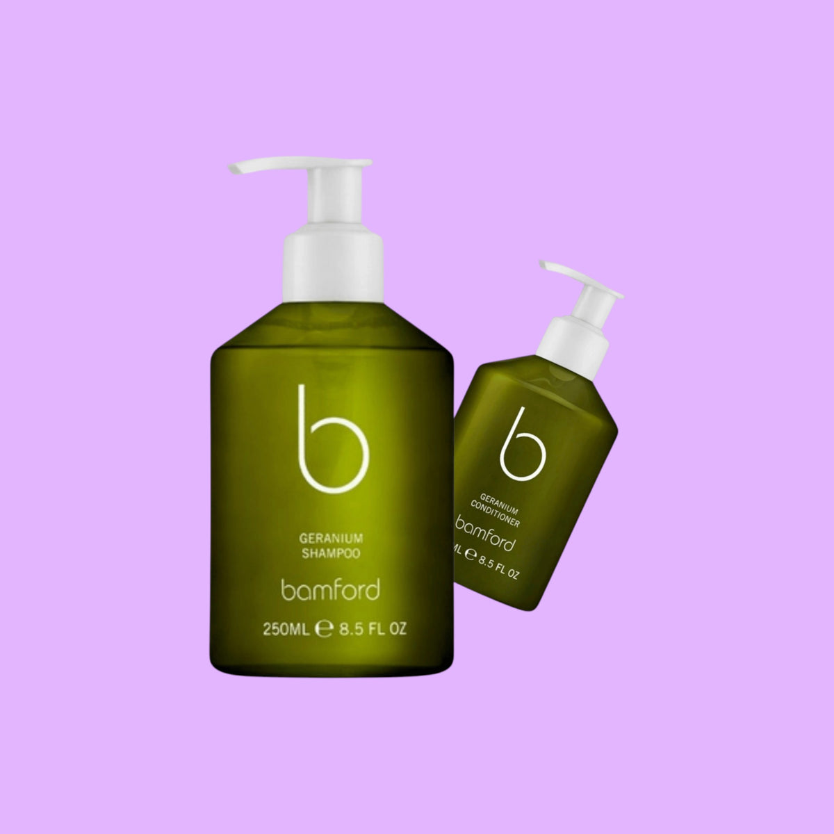 Bamford organic geranium shampoo and conditioner duo in green pump bottles for all hair types, shown from a different angle.