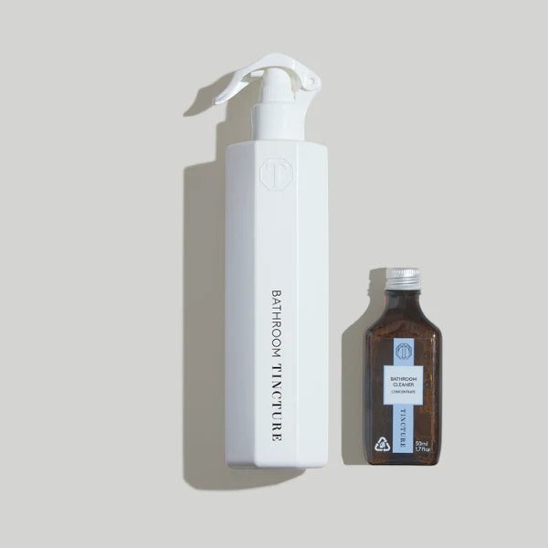 Tincture London bathroom cleaner refill bundle with a white Forever Bottle and concentrated refill glass bottle