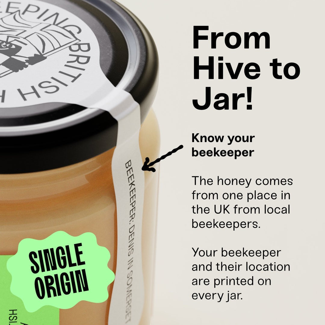 Black Bee Honey jar showing single-origin label and beekeeper details on a creamy soft-set British honey
