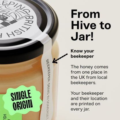 Black Bee Honey jar showing single-origin label and beekeeper details on a creamy soft-set British honey