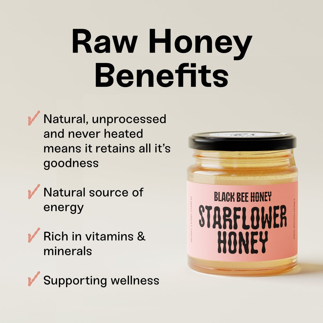 Black Bee Honey Raw Starflower Honey jar with benefits list on a neutral background
