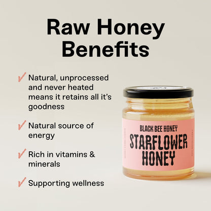 Black Bee Honey Raw Starflower Honey jar with benefits list on a neutral background