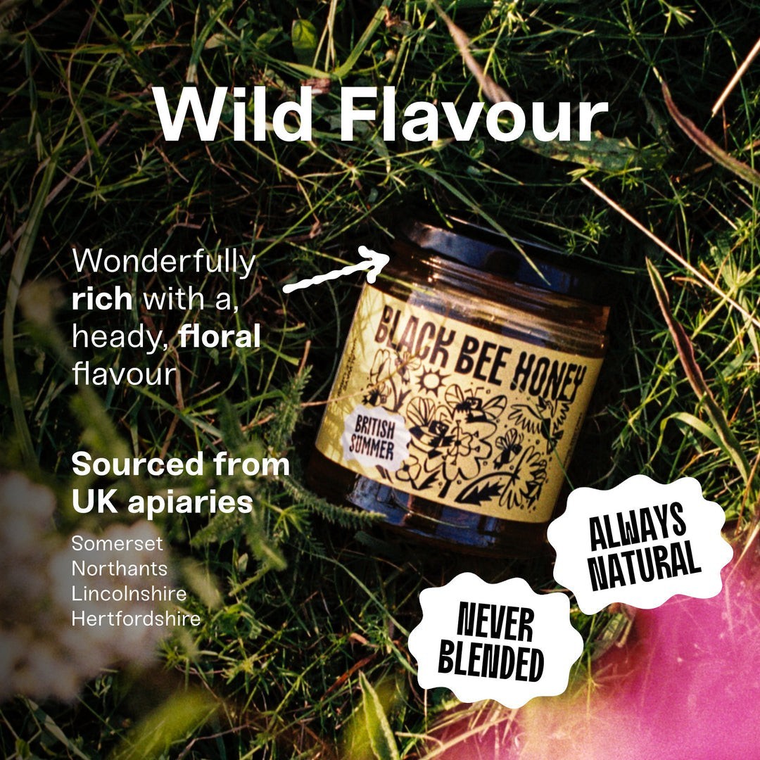BRiMM Black Bee Honey jar of raw British runny summer wildflower honey resting in green grass
