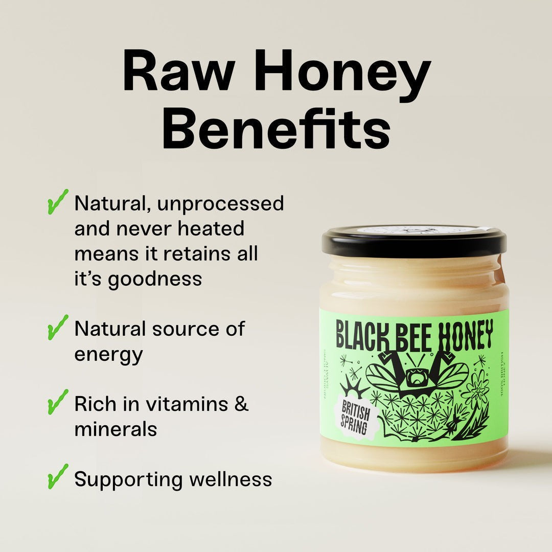 Black Bee Honey Raw British Spring soft-set honey jar with green label detailing natural health benefits