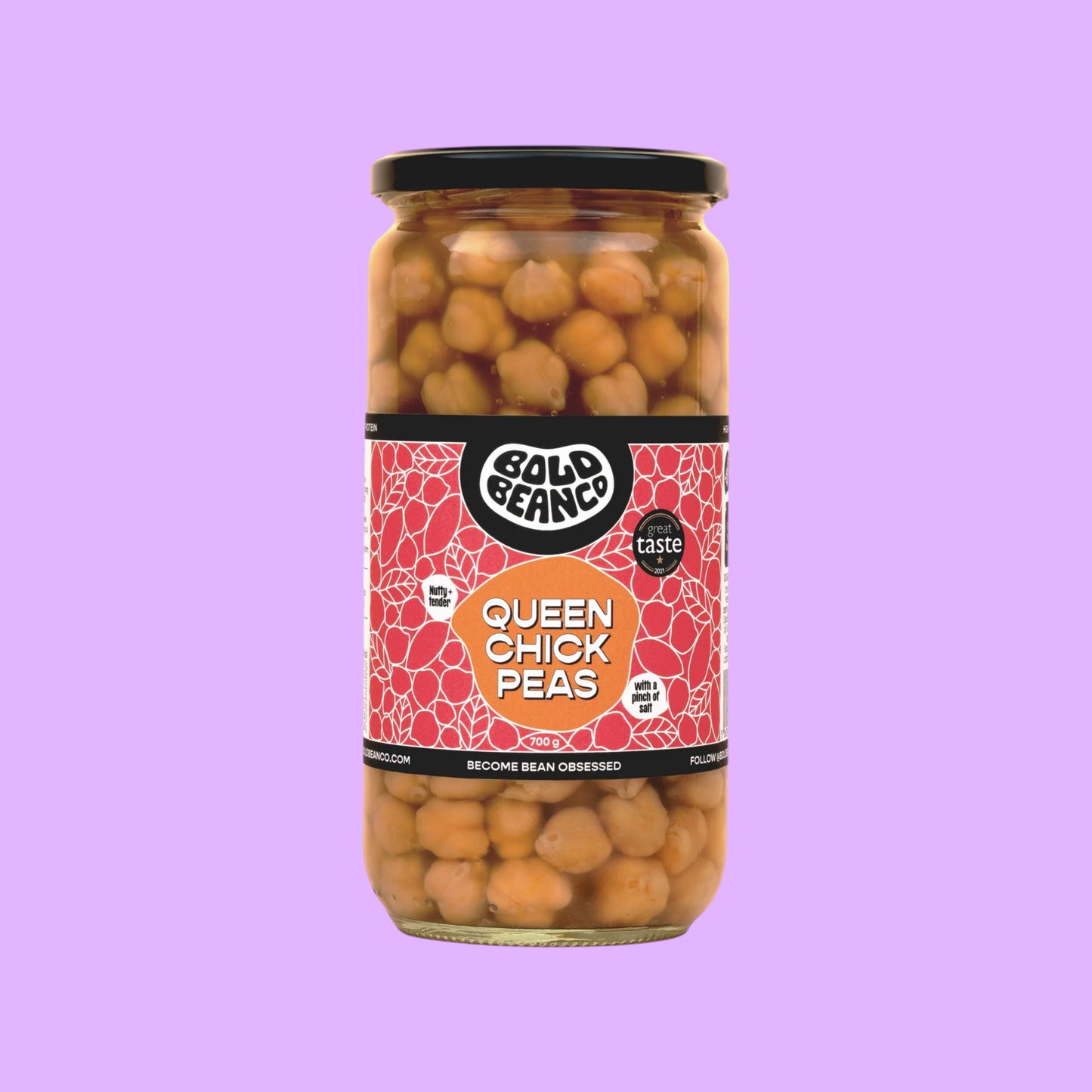 Bold Bean Co Queen Chickpeas in a 700g glass jar featuring heirloom garbanzo beans with a creamy texture (view 2).