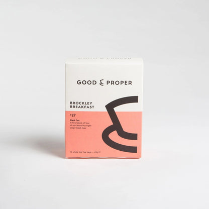 Good & Proper Tea Brockley Breakfast black tea bags in a white and coral recyclable cardboard box