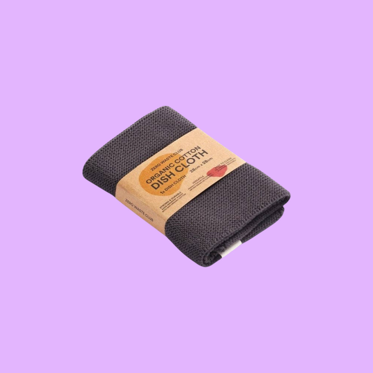 Zero Waste Club charcoal grey organic cotton dish cloth with a textured weave, folded and secured with a paper belly band.