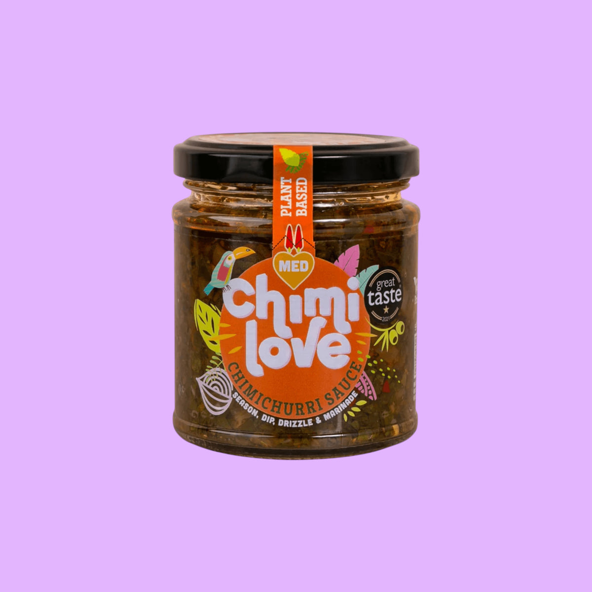 Chimi Love medium chimichurri sauce in a glass jar with vibrant herb-forward ingredients and plant-based label, shown from a different angle.