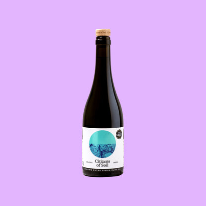 BRiMM Citizens of Soil organic Greek extra virgin olive oil in a dark glass bottle with a cork stopper