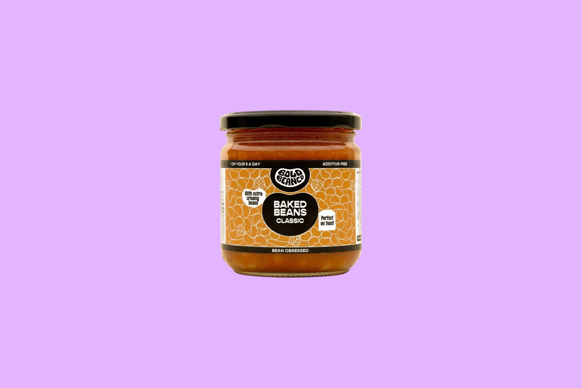 Bold Bean Co Classic Baked Beans in a 325g glass jar with a label featuring a tomato-based sauce and bean illustrations.