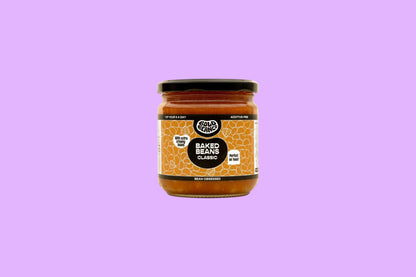 Bold Bean Co Classic Baked Beans in a 325g glass jar with a label featuring a tomato-based sauce and bean illustrations.