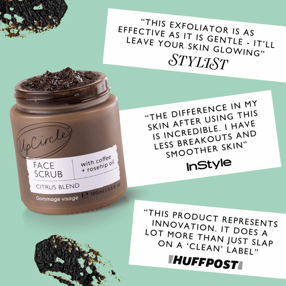 UpCircle face scrub in a glass jar with coffee and rosehip oil, featuring a whipped mousse texture and citrus scent.