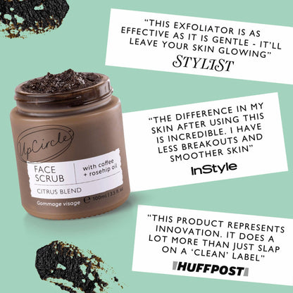UpCircle face scrub in a glass jar with coffee and rosehip oil, featuring a whipped mousse texture and citrus scent.