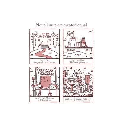 Pip & Nut Crunchy Peanut Butter illustrated story panels showing an Argentinian castle, peanut ship, and peanut queen.