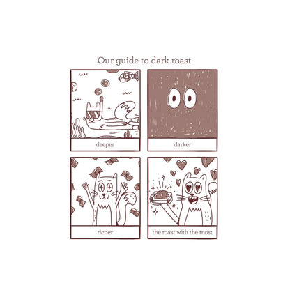 Pip & Nut dark roast peanut butter guide featuring four whimsical hand-drawn illustrations of cats enjoying the roast.