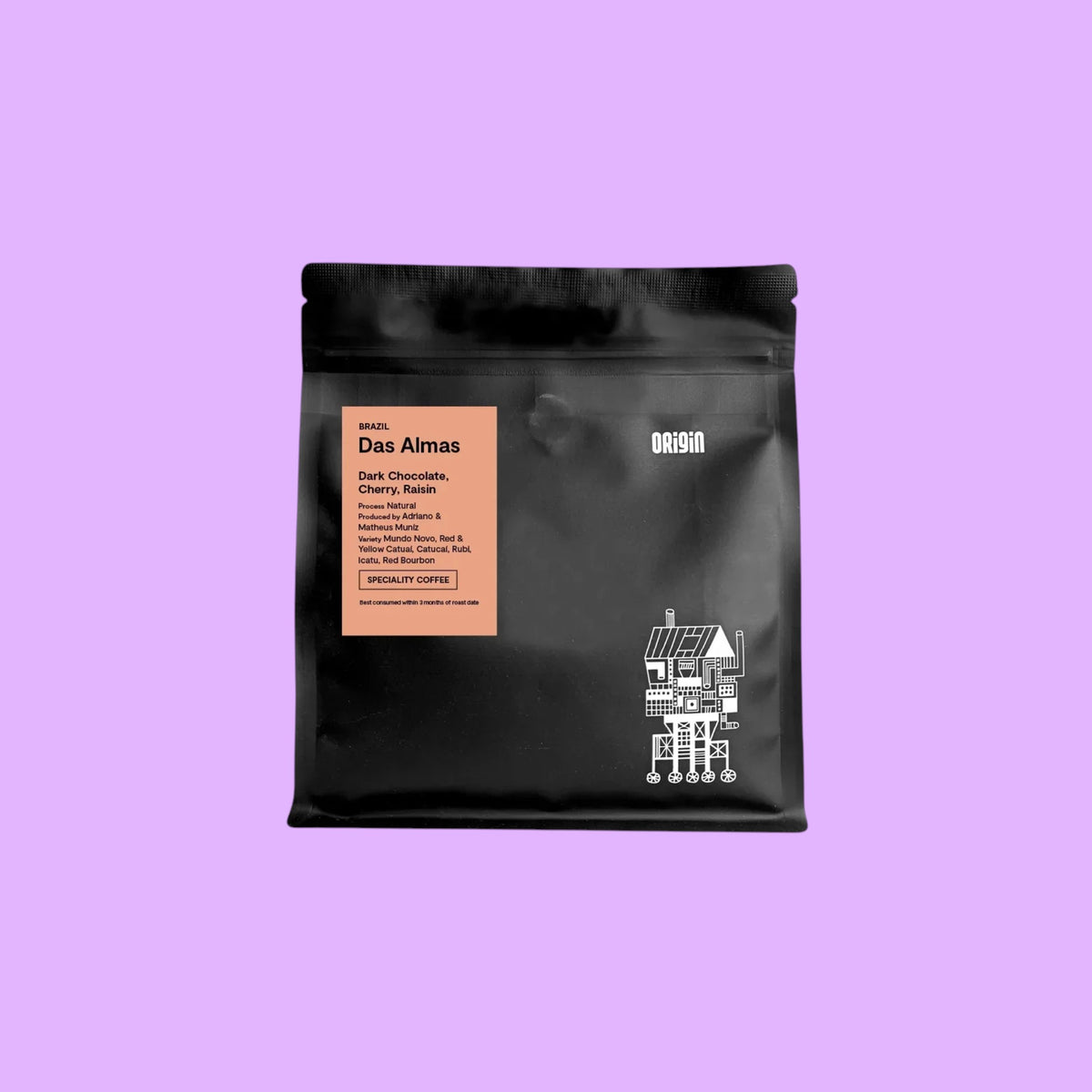 Origin Coffee Das Almas whole bean coffee in a black 250g bag with a pink label featuring tasting notes of chocolate and cherry