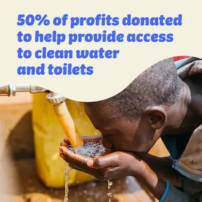 Who Gives A Crap double length kitchen roll donation impact showing a child drinking clean water from a tap