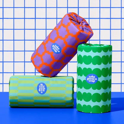Who Gives A Crap double length kitchen rolls wrapped in colourful patterned paper against a blue grid background.