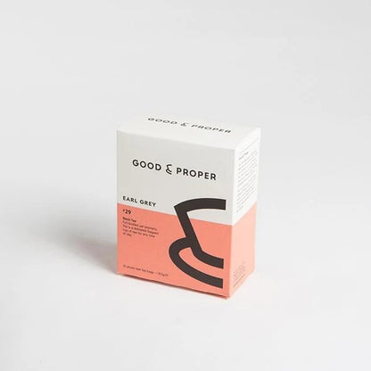 Good & Proper Tea Good & Proper Earl Grey black tea bags in a white and peach recyclable cardboard box