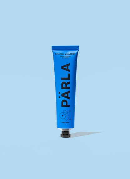 Pärla Enamel Protect toothpaste tube in blue with mint and menthol formula for enamel care and fresh breath.