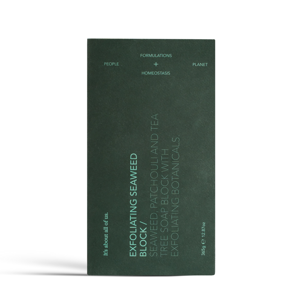 dulcie exfoliating seaweed block soap in a dark green rectangular package with minimalist white typography.