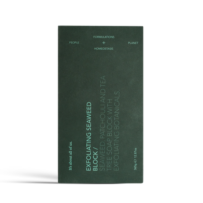 dulcie exfoliating seaweed block soap in a dark green rectangular package with minimalist white typography.