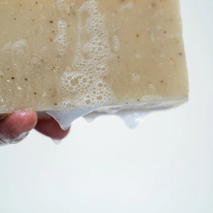 dulcie exfoliating seaweed block soap with visible botanical particles and rich white lather held in a hand