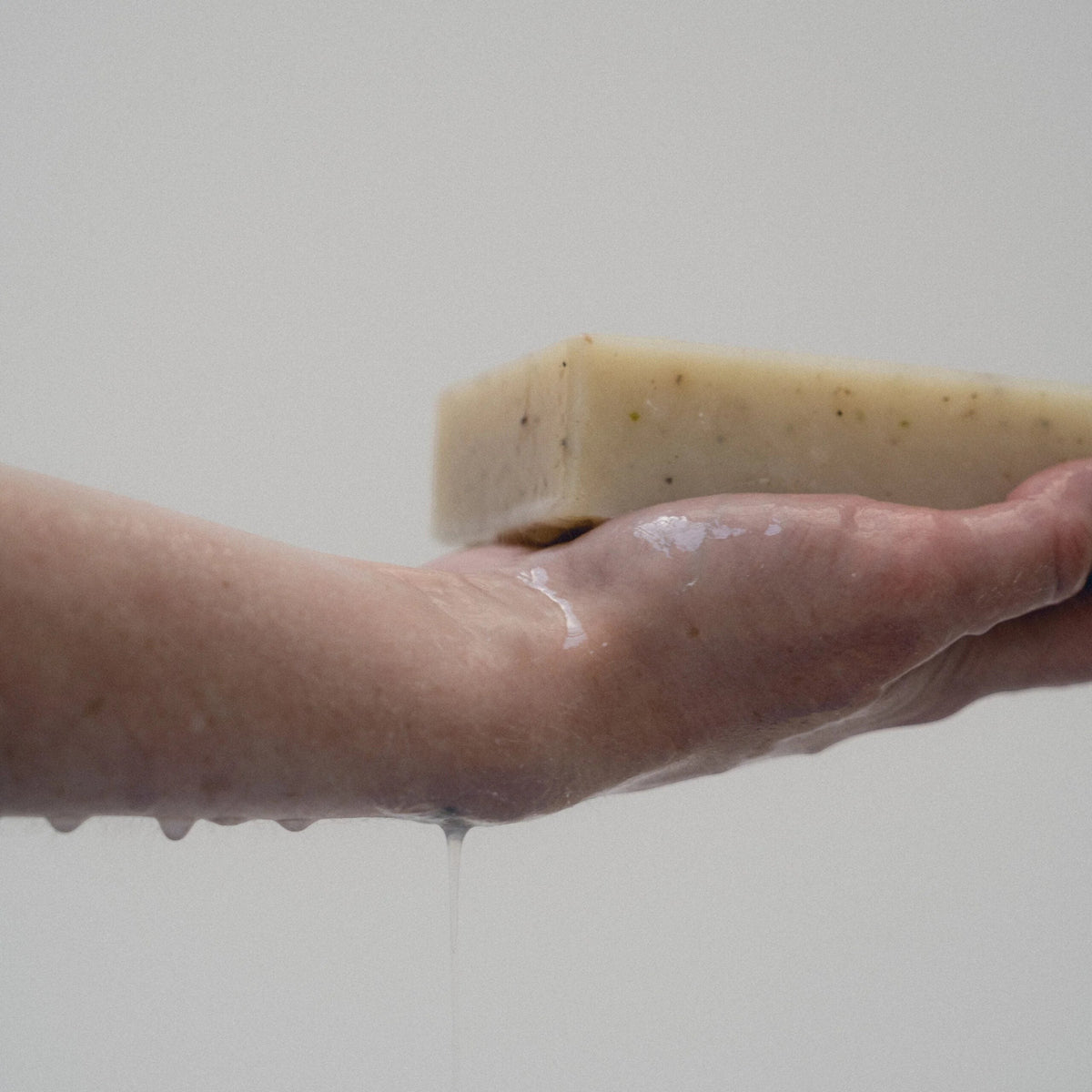 dulcie exfoliating seaweed soap block held in a wet hand, featuring natural ingredients and a gentle texture.